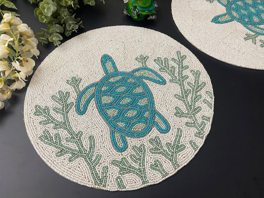 Turtle and Coral Round Beaded Placemat - MAIA HOMES