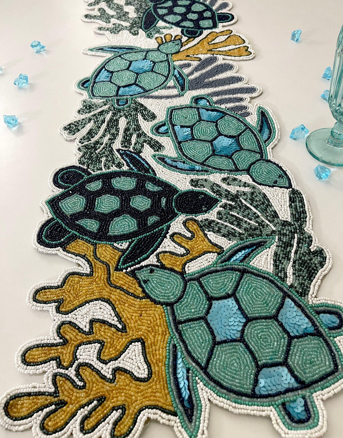 Sea turtle and Coral Coastal Beaded Table Runner