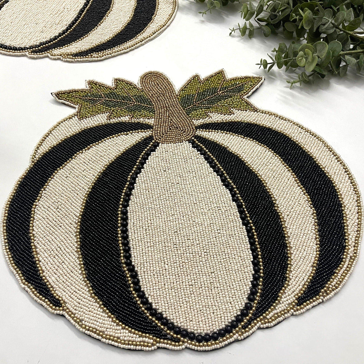 Black and White Pumpkin Harvest Beaded Placemat - Set of 2