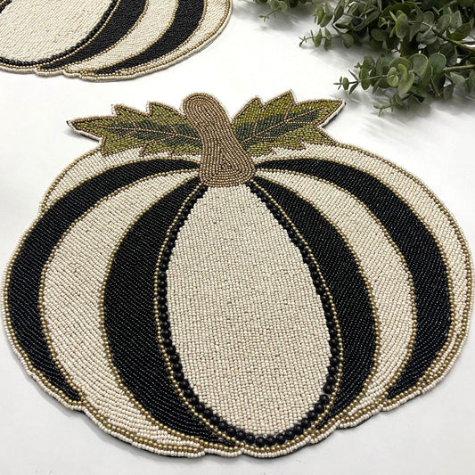 Black and White Pumpkin Harvest Beaded Placemat - Set of 2 - MAIA HOMES