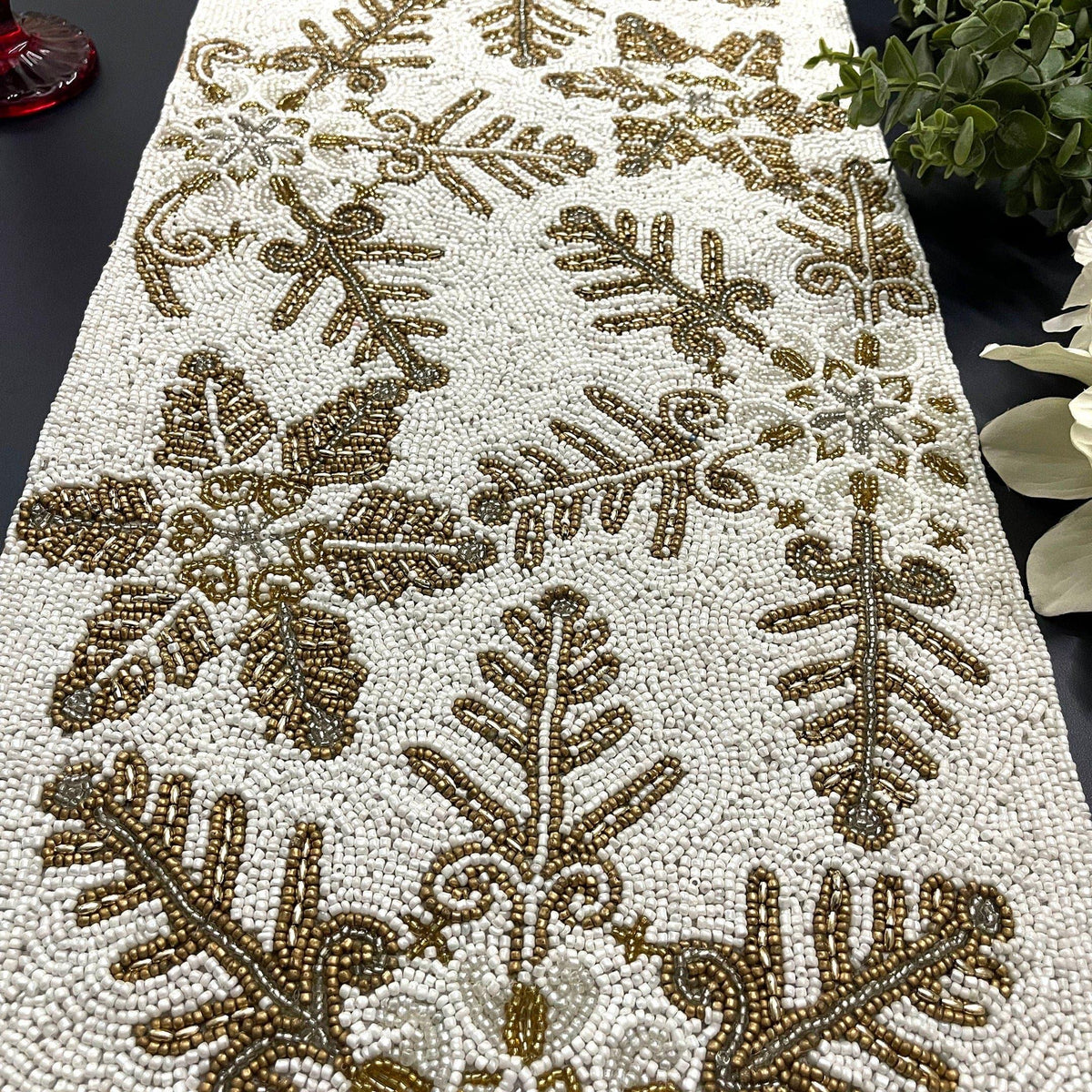 Christmas Delight Beaded Table Runner - White/Gold