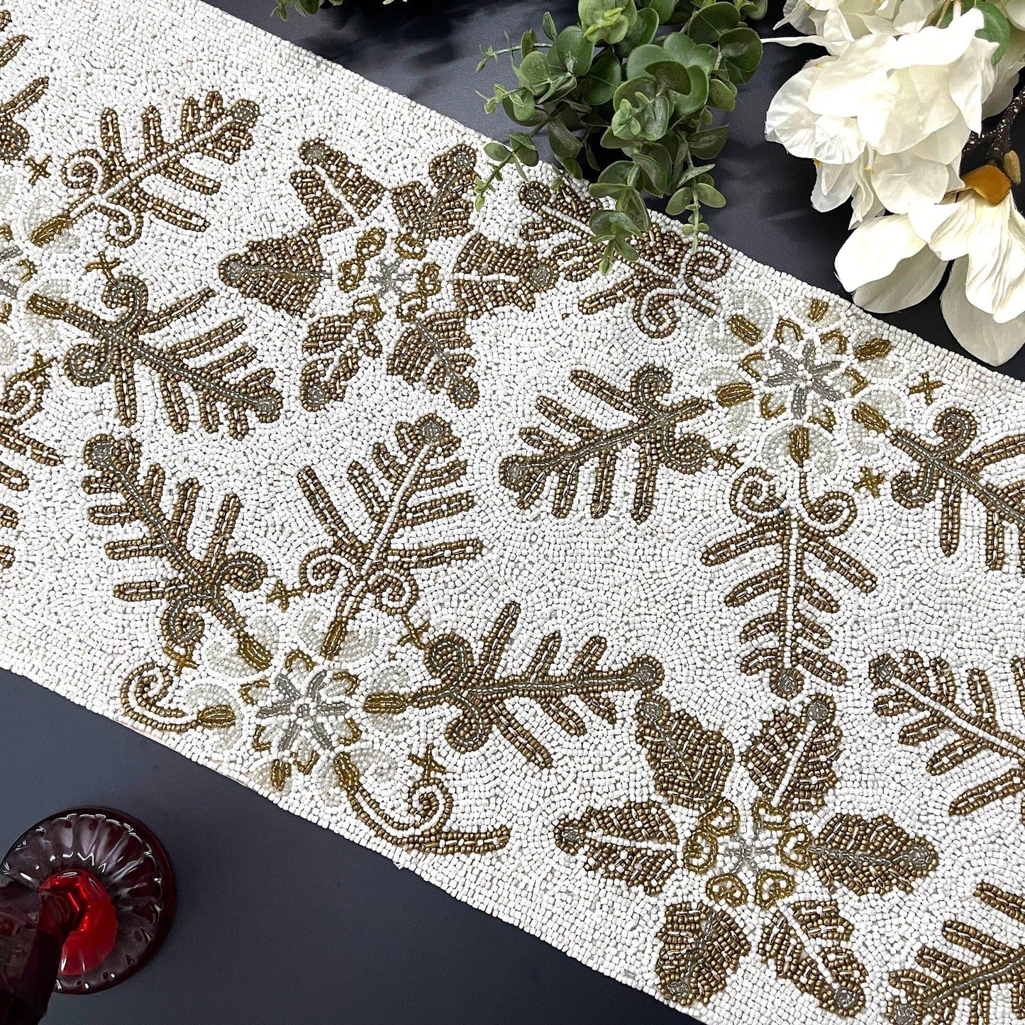 Christmas Delight Beaded Table Runner - White/Gold Default Title