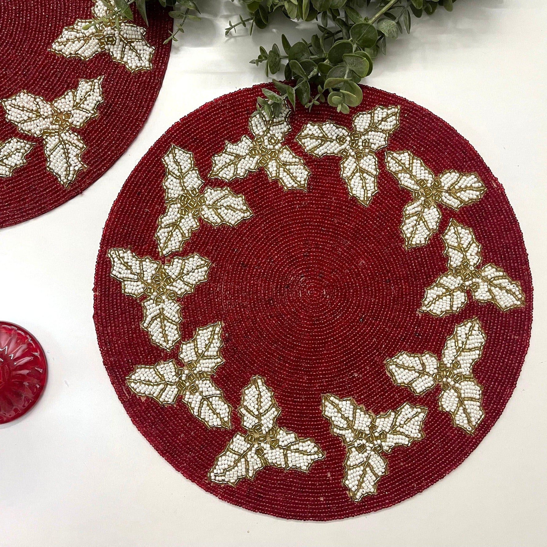 Christmas Holly Berry Round Beaded Placemat