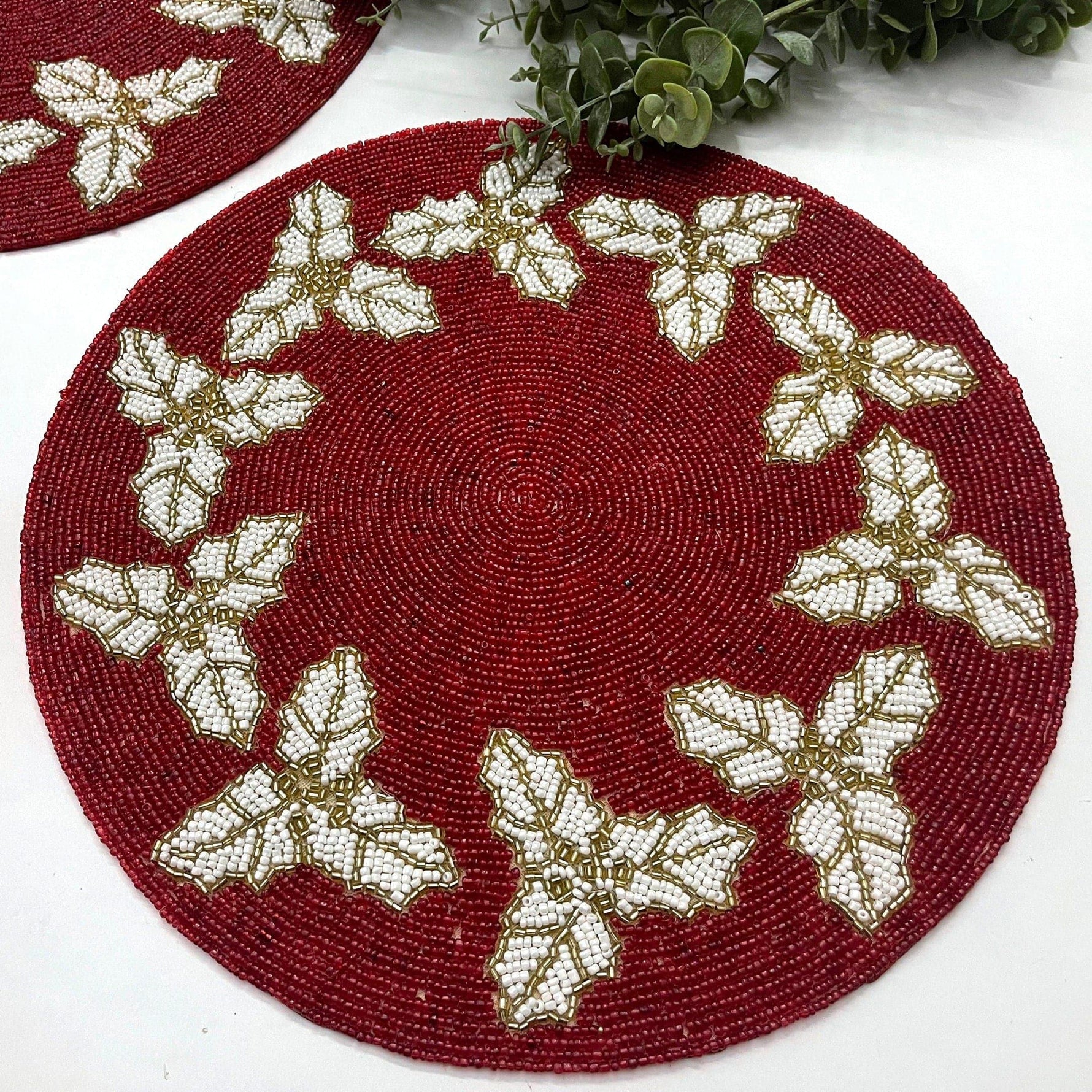 Christmas Holly Berry Round Beaded Placemat