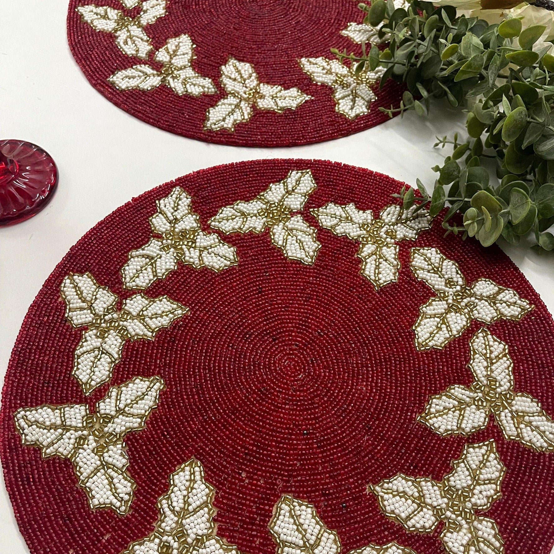 Christmas Holly Berry Round Beaded Placemat