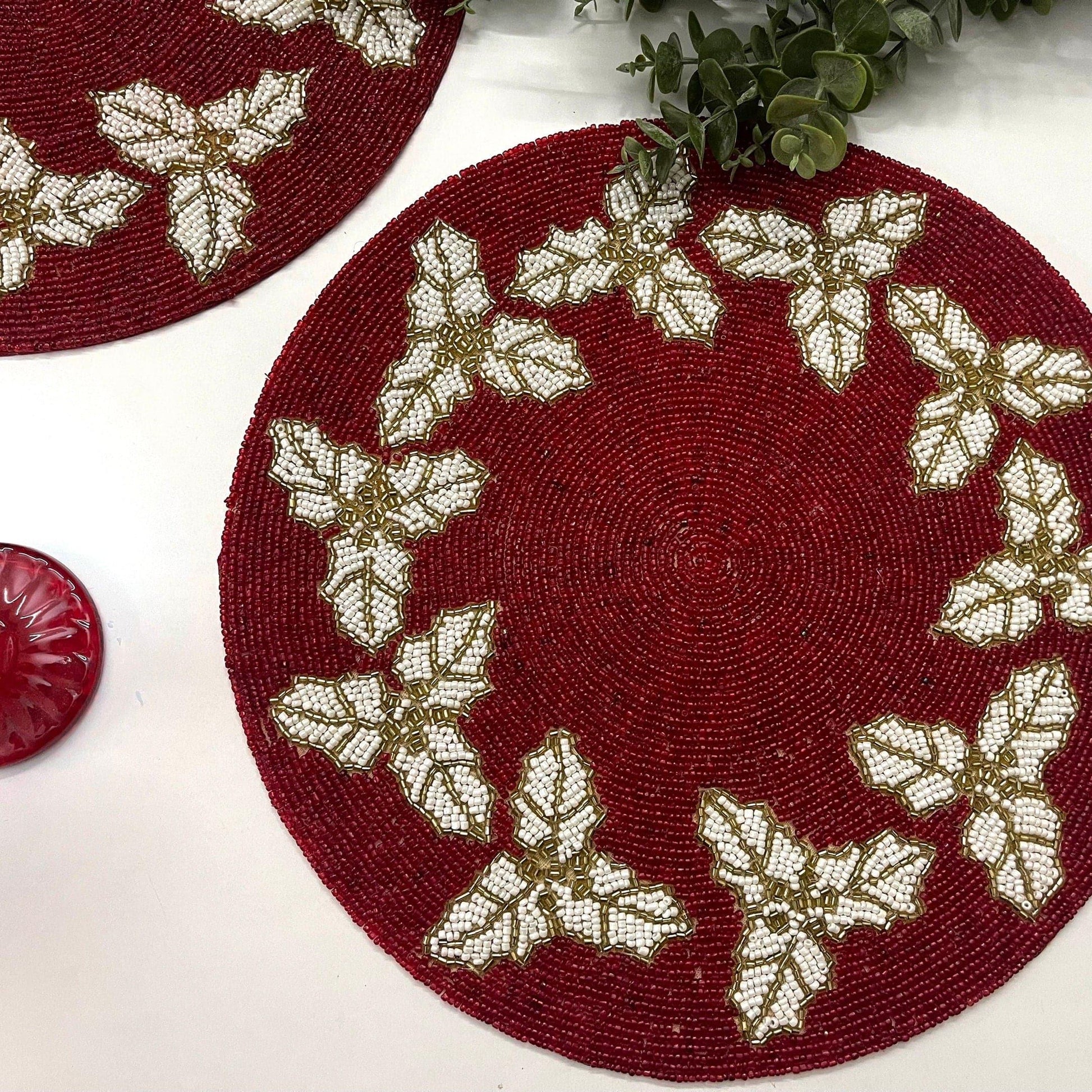 Christmas Holly Berry Round Beaded Placemat - MAIA HOMES