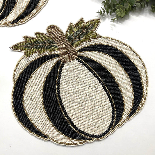 Black and White Pumpkin Harvest Beaded Placemat - Set of 2 - MAIA HOMES