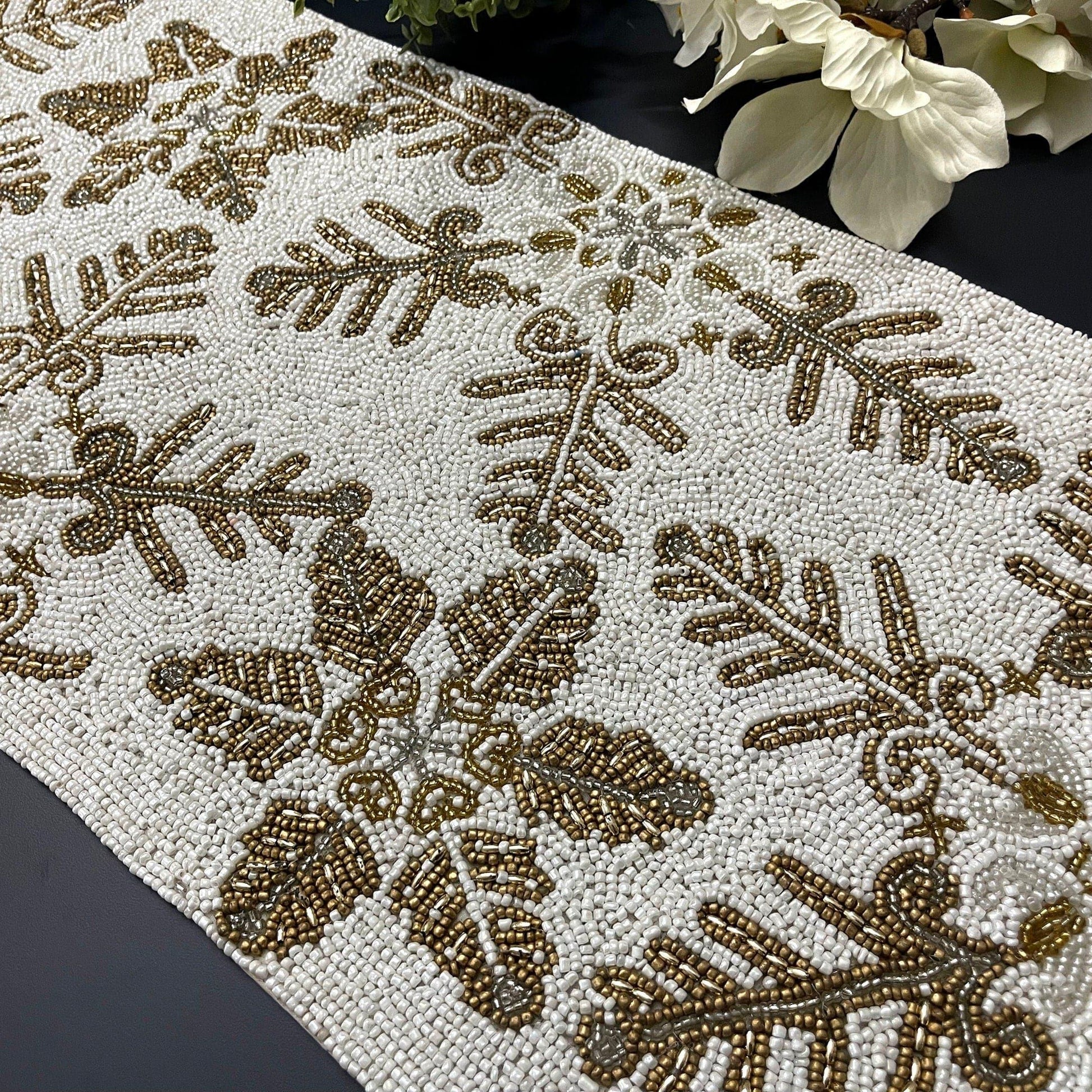 Christmas Delight Beaded Table Runner - WhiteGold - MAIA HOMES