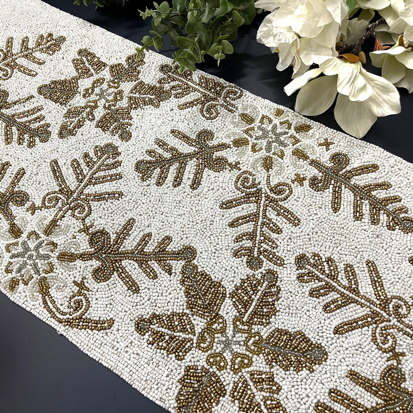 Christmas Delight Beaded Table Runner - White/Gold