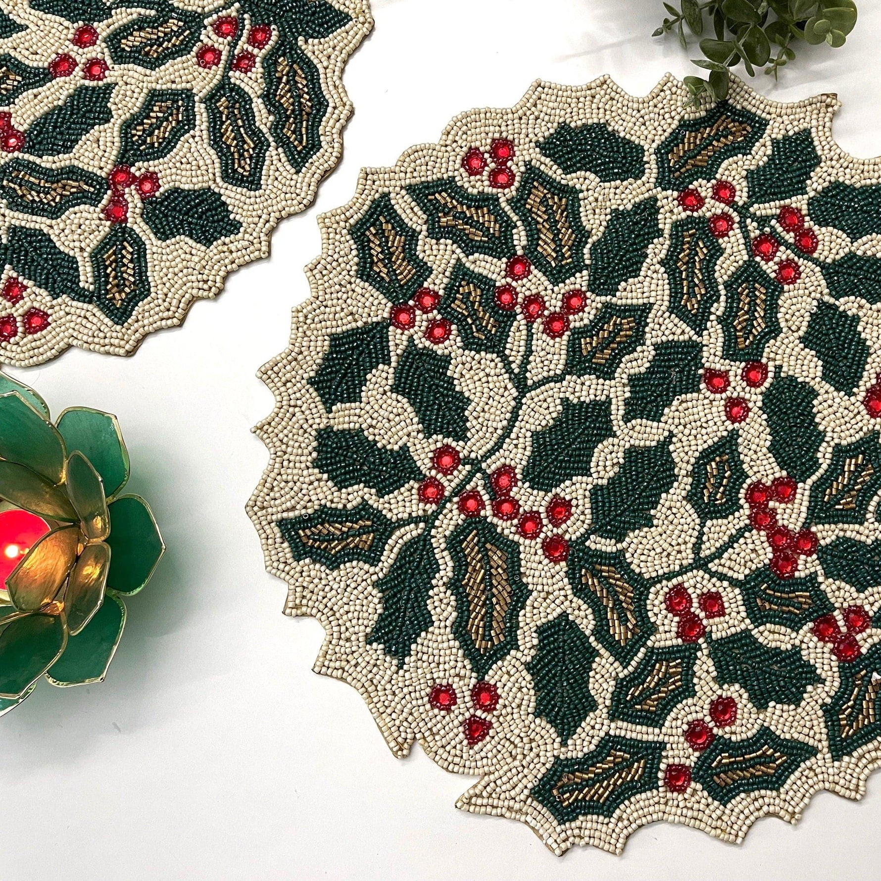 Christmas Holly Berry Round Beaded Placemat