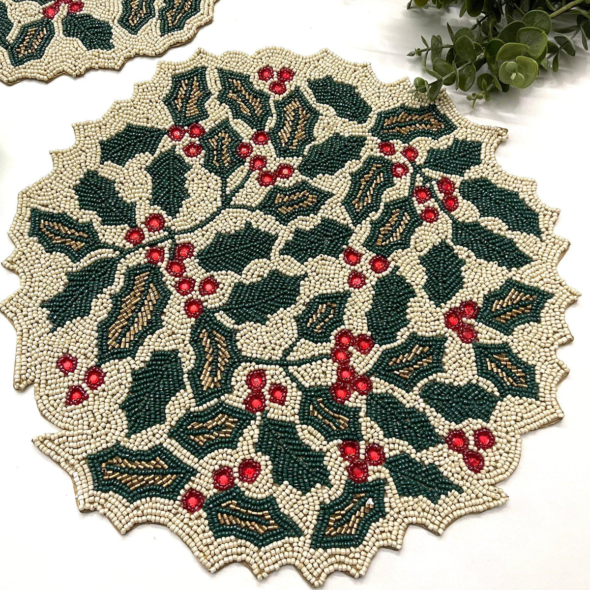 Christmas Holly Berry Round Beaded Placemat Set of 6