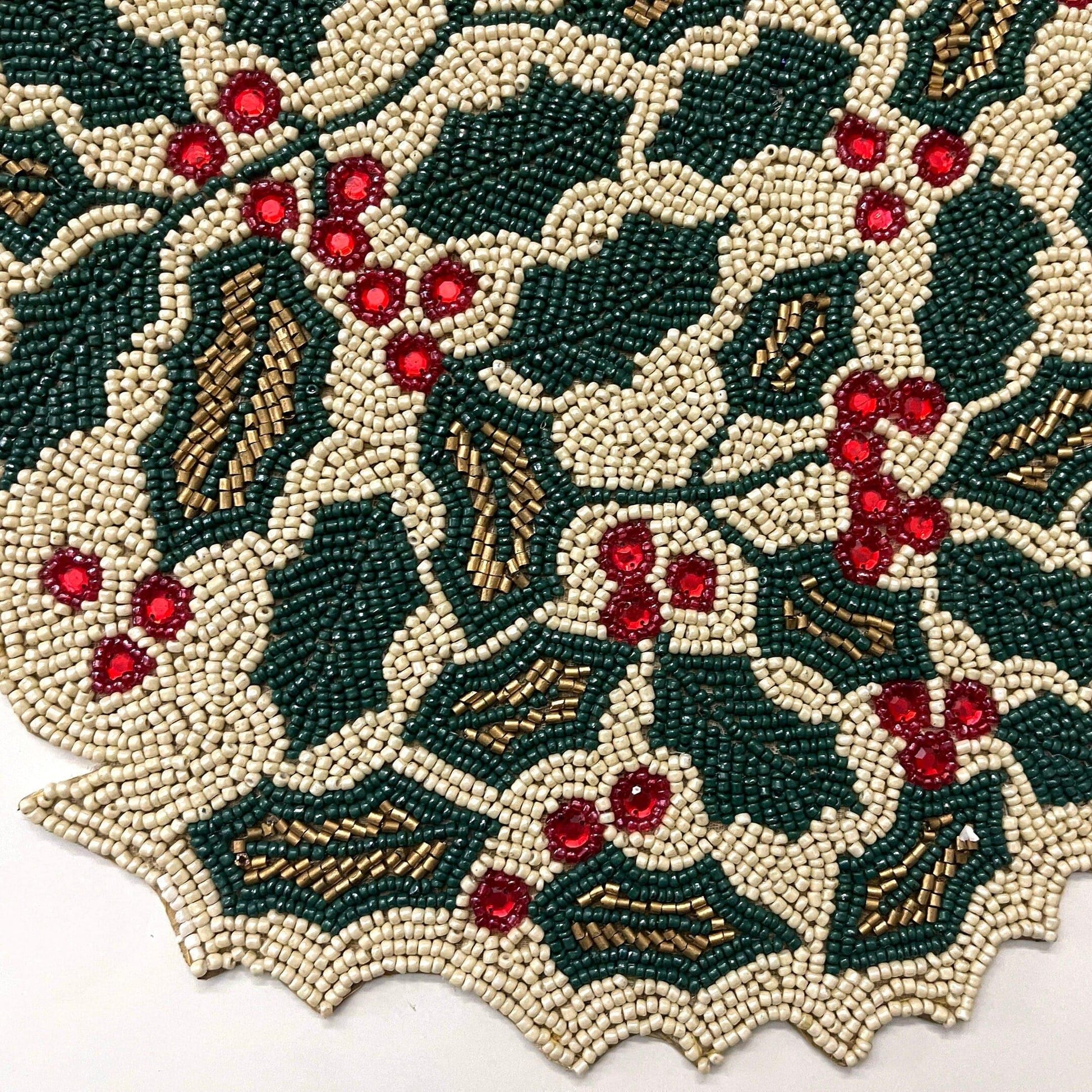 Christmas Holly Berry Round Beaded Placemat - MAIA HOMES