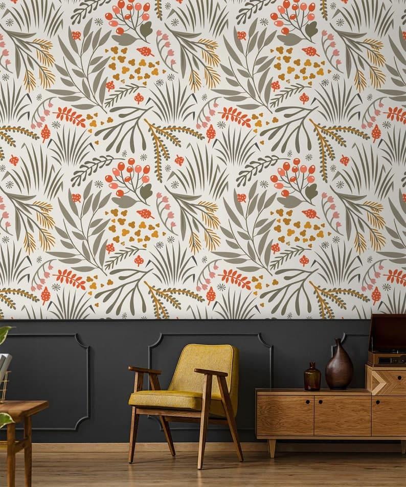 Illustrated Herbs Botanical Leaves Wallpaper - MAIA HOMES