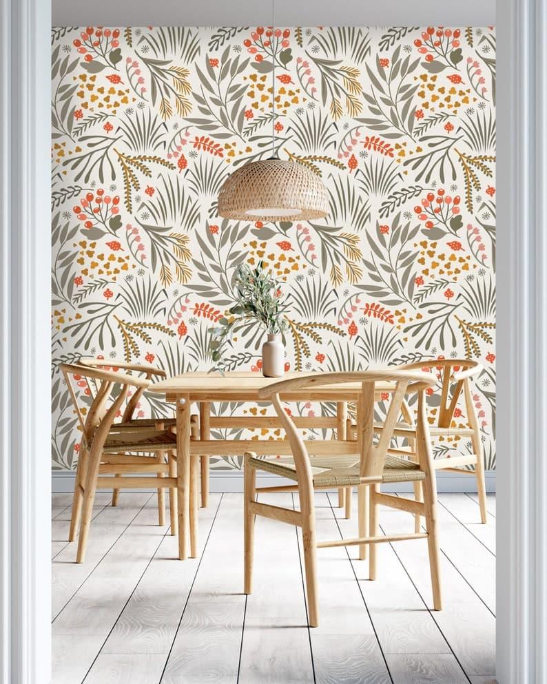 Illustrated Herbs Botanical Leaves Wallpaper - MAIA HOMES