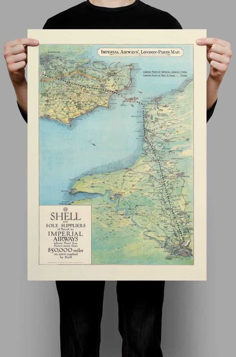 Imperial Airways Map of the London to Paris Route| Old Map Wall Prints