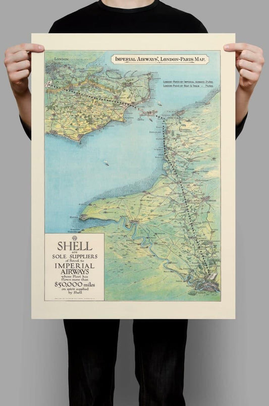 Imperial Airways Map of the London to Paris Route| Old Map Wall Prints - MAIA HOMES