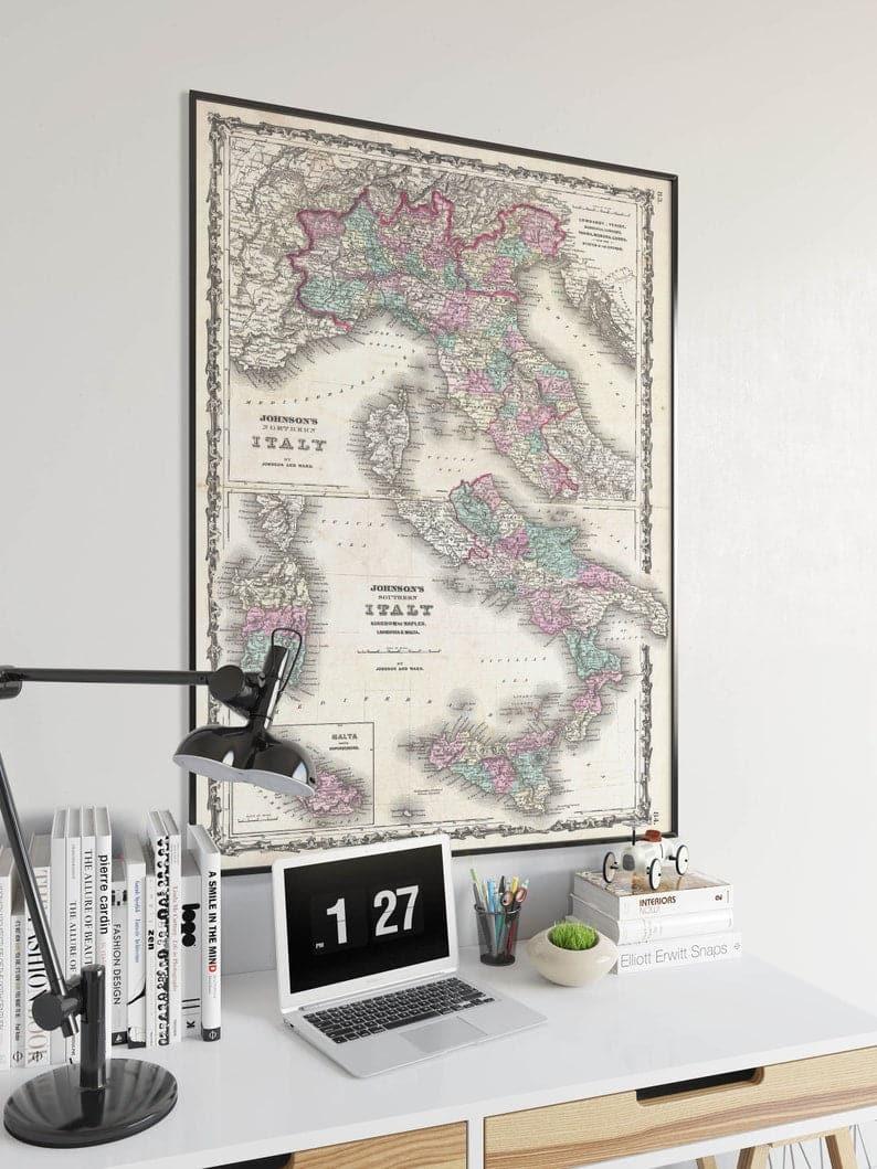 Italy Map Wall Print| 1862 Italy Map