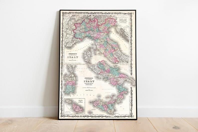 Italy Map Wall Print| 1862 Italy Map