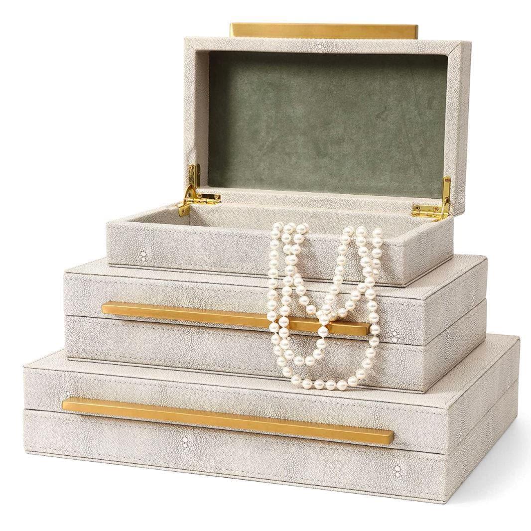 Ivory Faux Shagreen Leather Storage Boxes - Set of 3 White