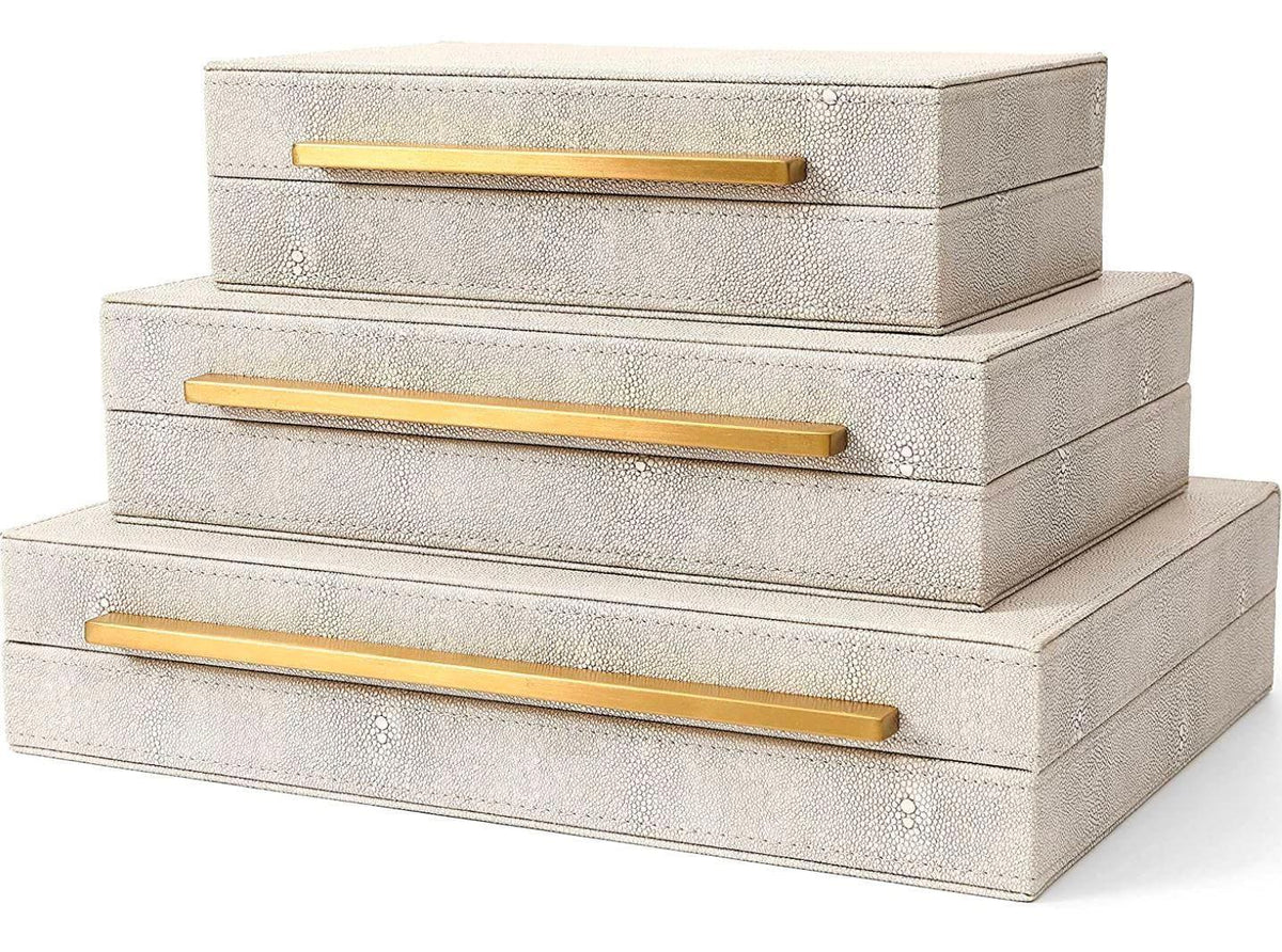 Ivory Faux Shagreen Leather Storage Boxes - Set of 3