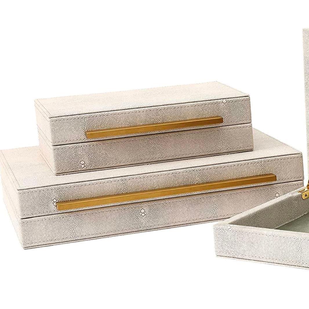 Ivory Faux Shagreen Leather Storage Boxes - Set of 3