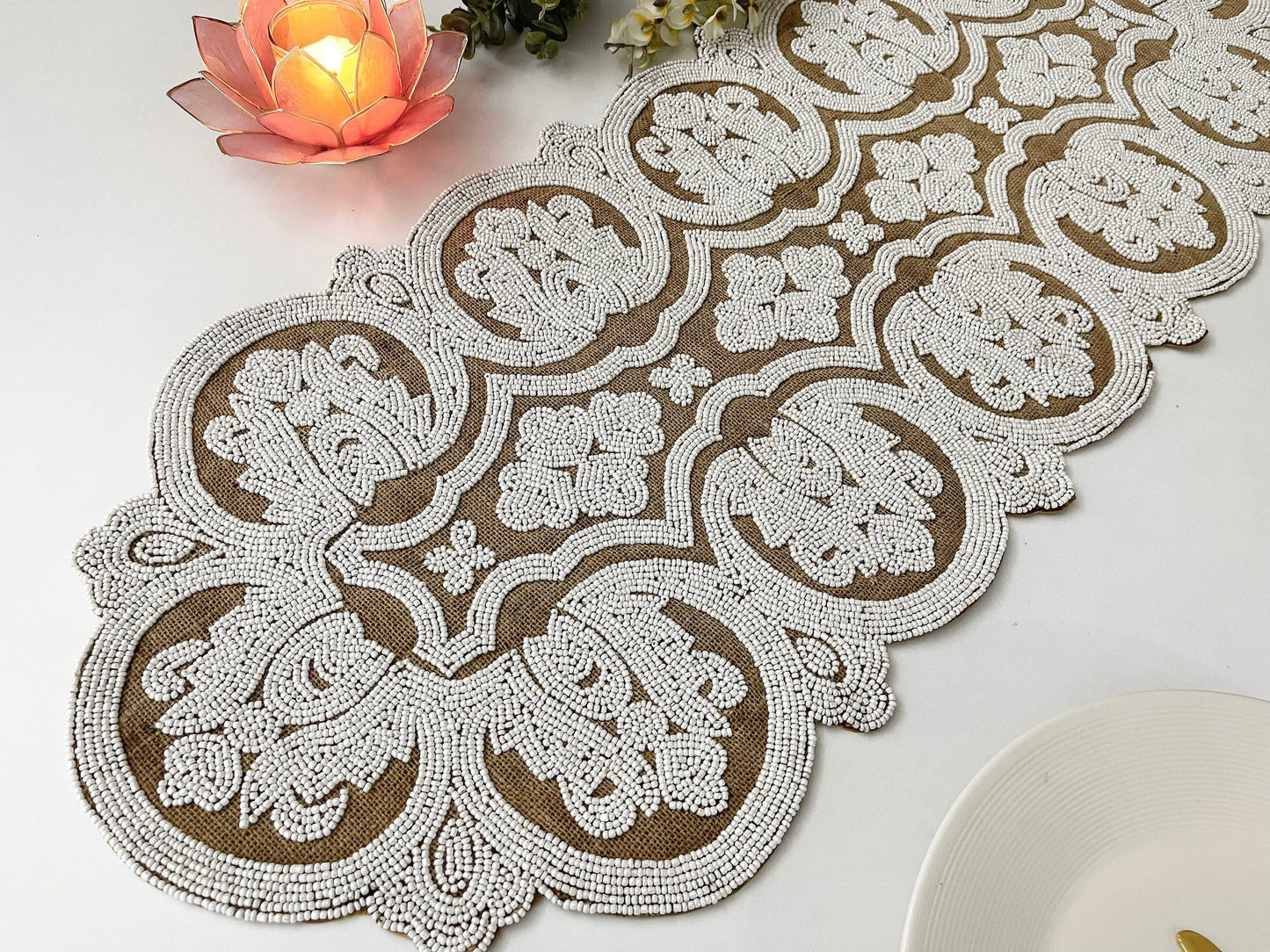 Jessica Pearl Beaded Burlap Table Runner - MAIA HOMES