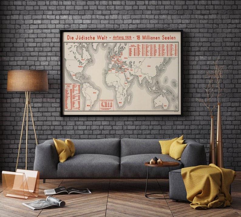 Jewish Population Worldwide Chart Map Poster| Canvas Print