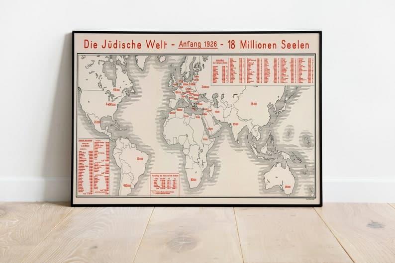 Jewish Population Worldwide Chart Map Poster| Canvas Print