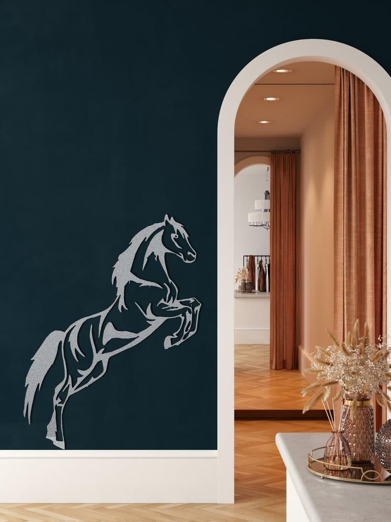 Jumping Horse Metal Wall Art Silver