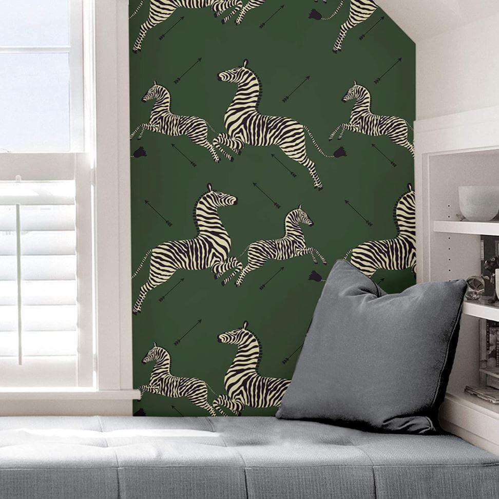 Jumping Zebras Peel and Stick Wallpaper Green