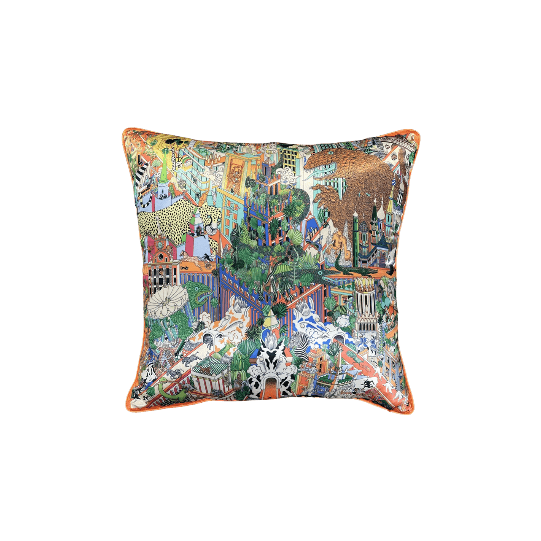 Jungle and City Meet Faux Silk Throw Pillow Cover Orange