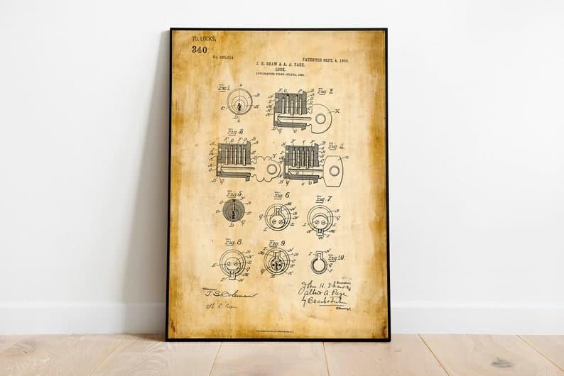 Key Lock Patent Print| Framed Art Print