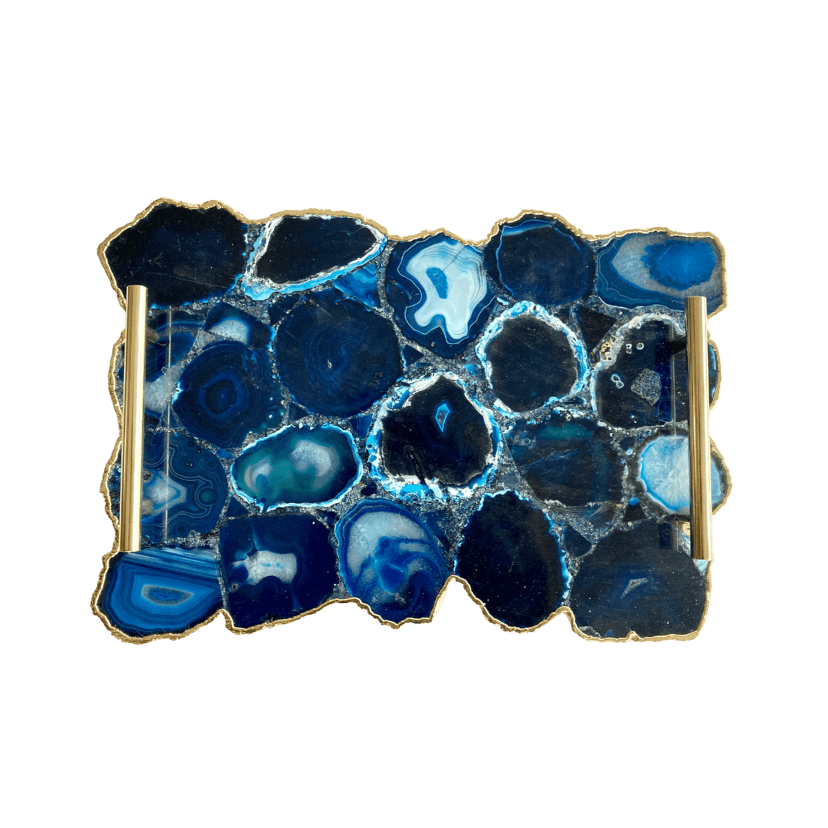 Large Blue Agate Serving Tray With Brass Handles