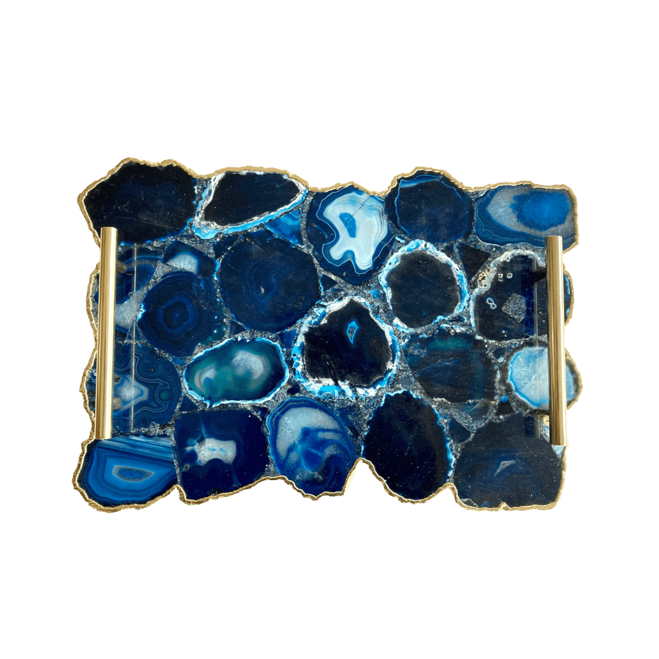 Large Blue Agate Serving Tray With Brass Handles - MAIA HOMES