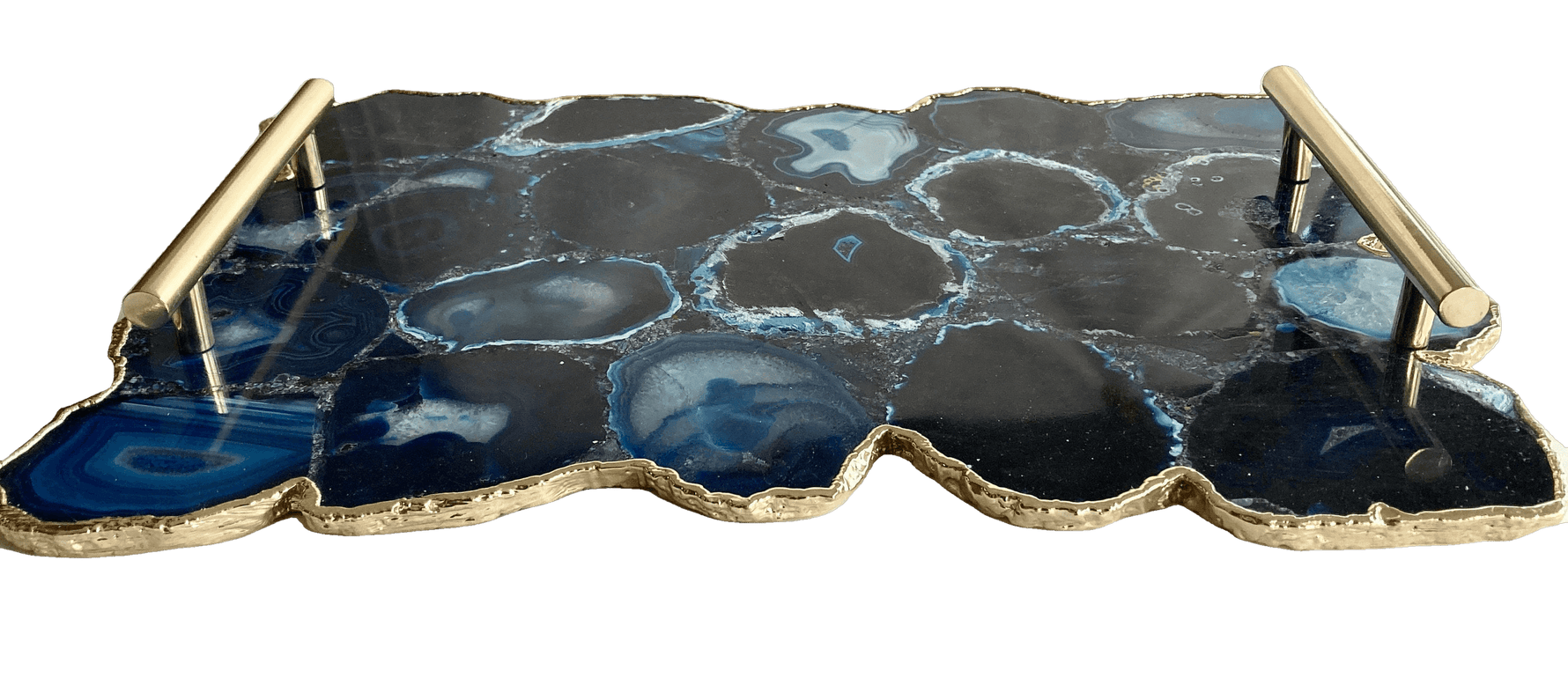 Large Blue Agate Serving Tray With Brass Handles