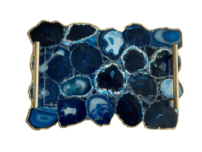 Large Blue Agate Serving Tray With Brass Handles - MAIA HOMES