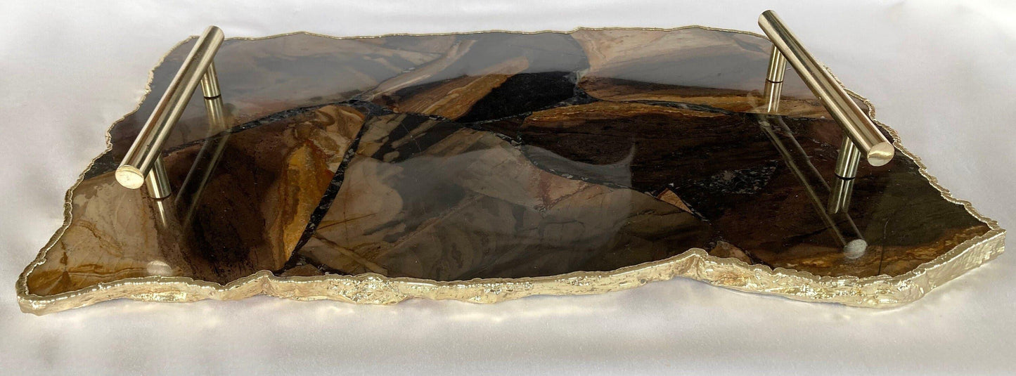 Large Brown Agate Serving Tray With Brass Handles - MAIA HOMES