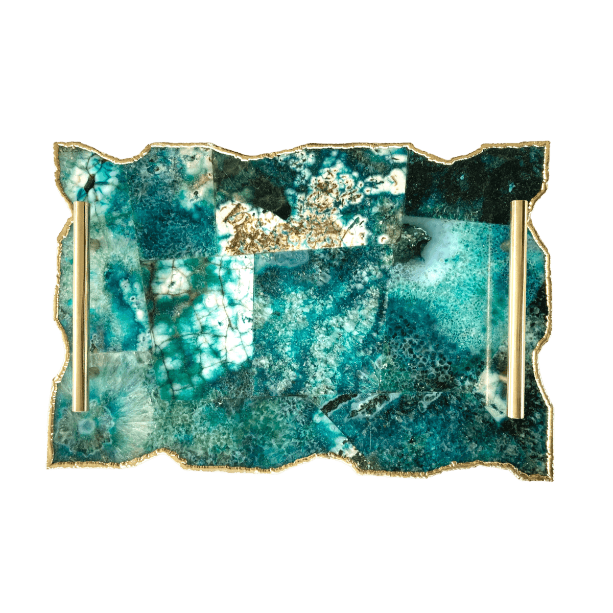 Large Composite Green Agate Serving Tray With Modern Brass Handles