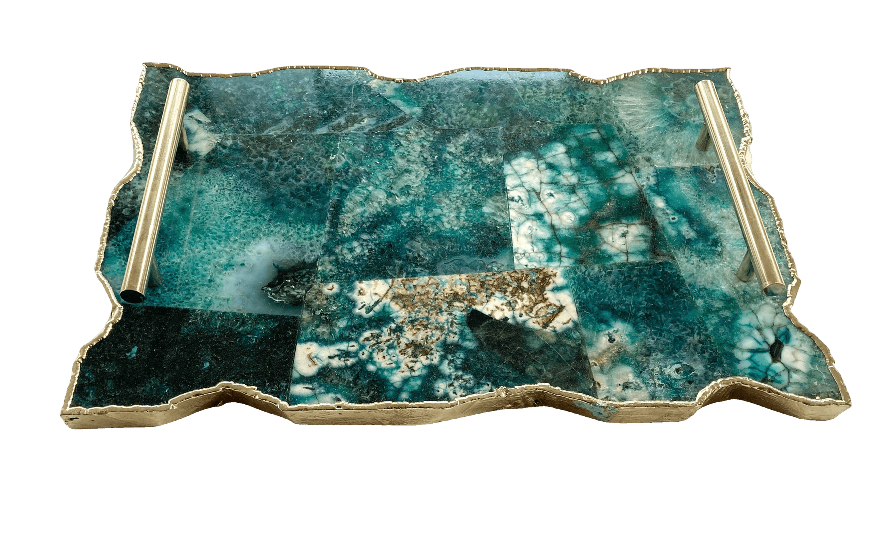 Large Composite Green Agate Serving Tray With Modern Brass Handles