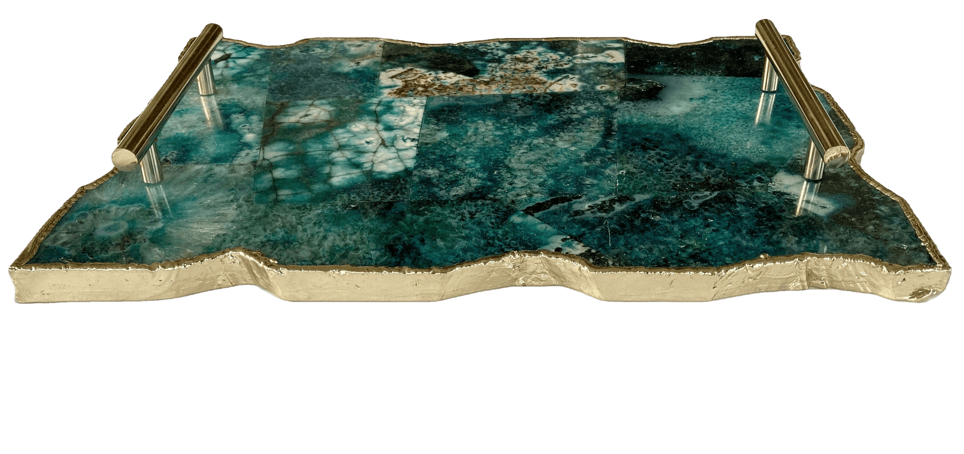 Large Composite Green Agate Serving Tray With Modern Brass Handles