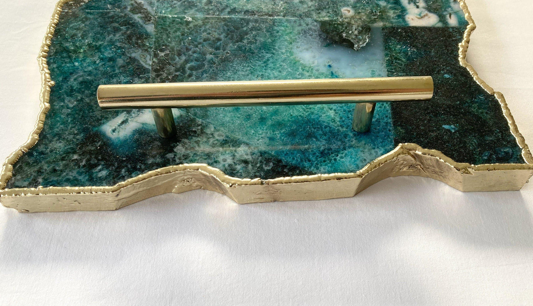 Large Composite Green Agate Serving Tray With Modern Brass Handles