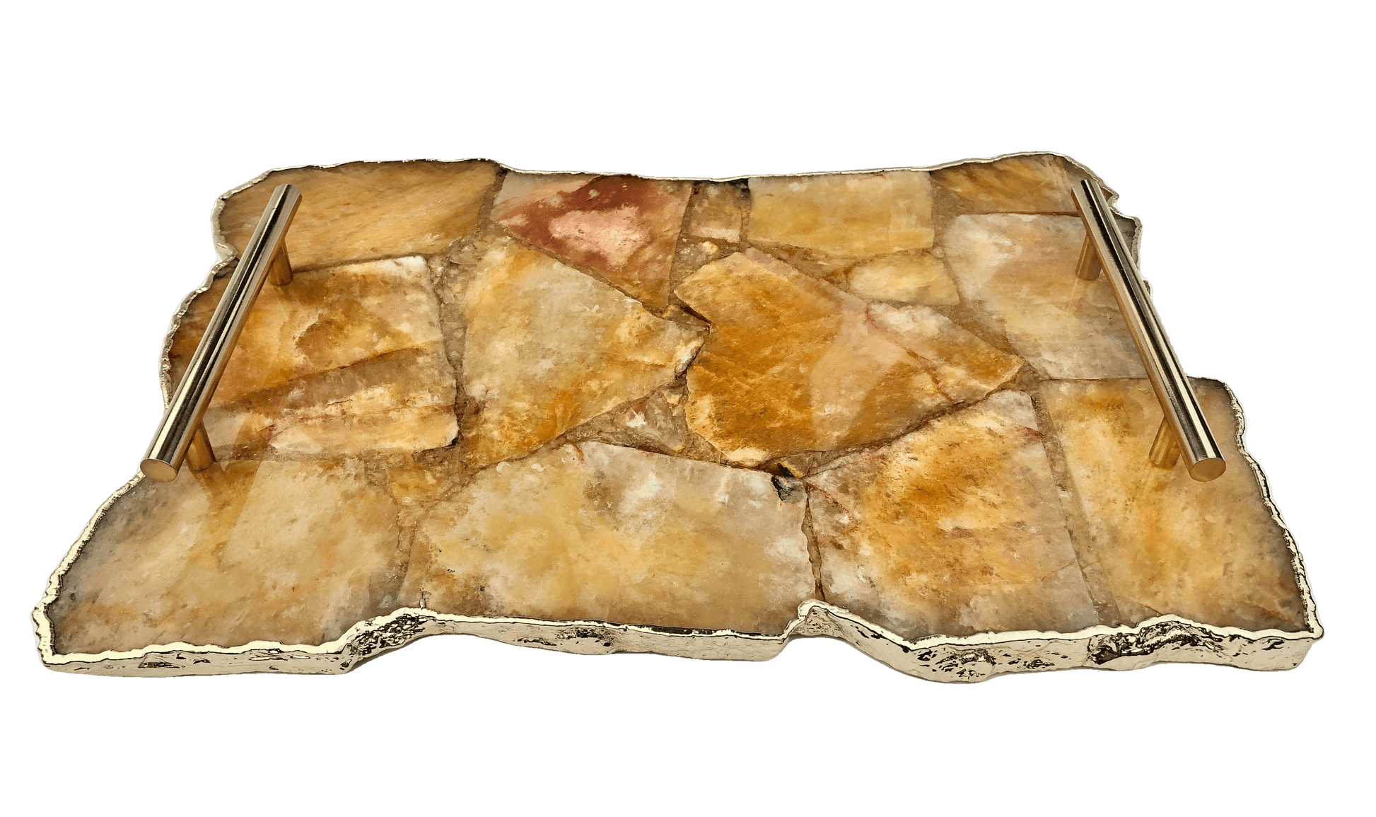 Large Golden Brown Agate Serving Tray With Brass Handles - MAIA HOMES
