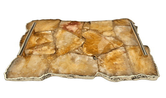 Large Golden Brown Agate Serving Tray With Brass Handles