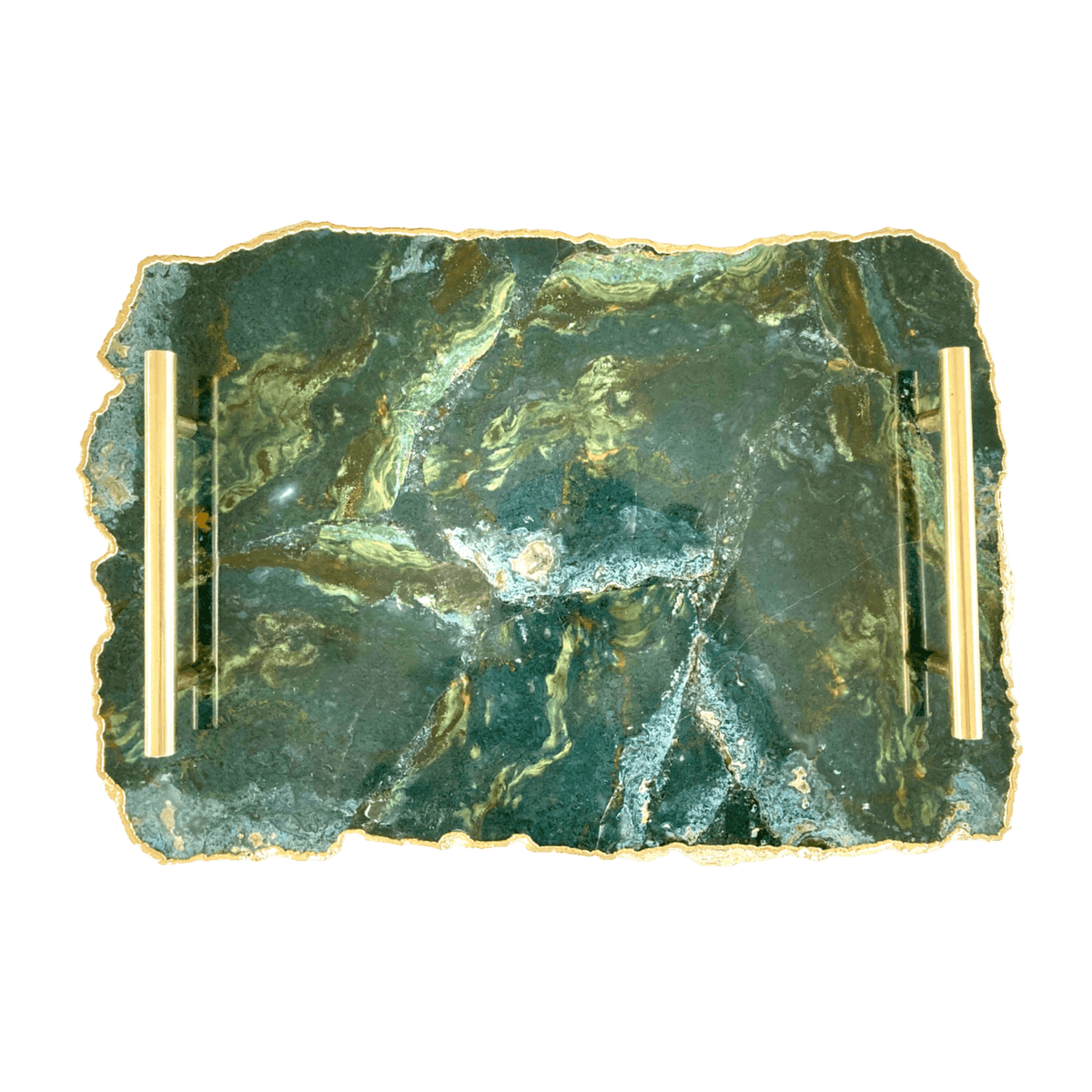 Large Green Agate Serving Tray With Brass Handles