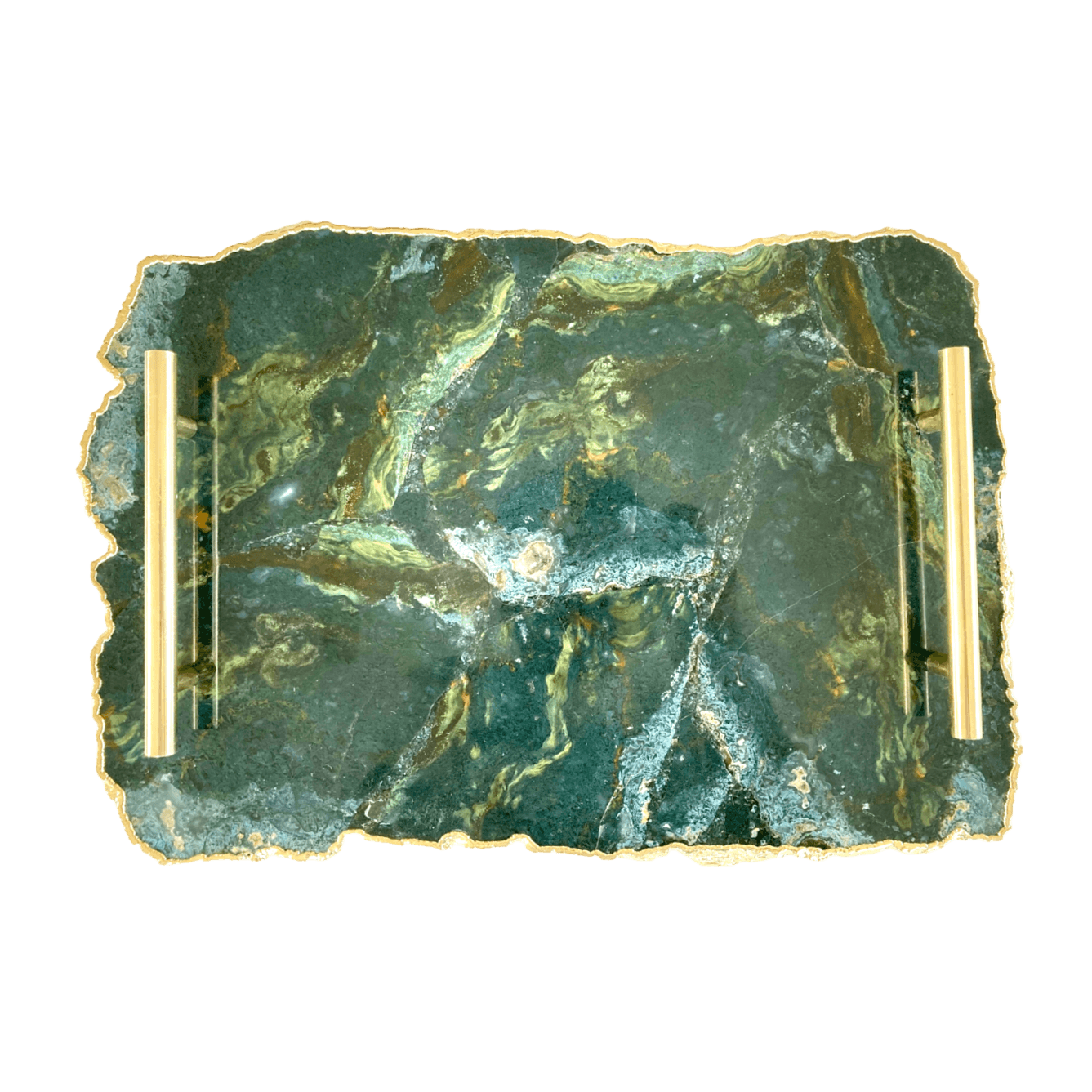 Large Green Agate Serving Tray With Brass Handles