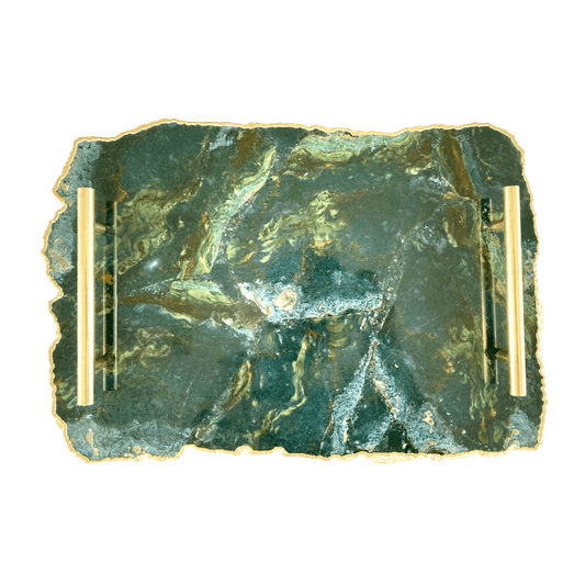 Large Green Agate Serving Tray With Brass Handles - MAIA HOMES