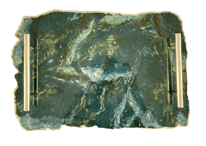Large Green Agate Serving Tray With Brass Handles - MAIA HOMES