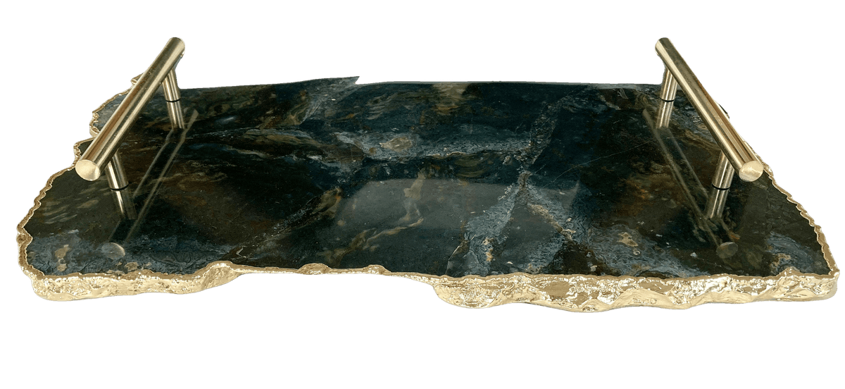 Large Green Agate Serving Tray With Brass Handles