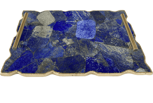 Large Lapis Lazuli Serving Tray With Plain Modern Brass Handles - MAIA HOMES