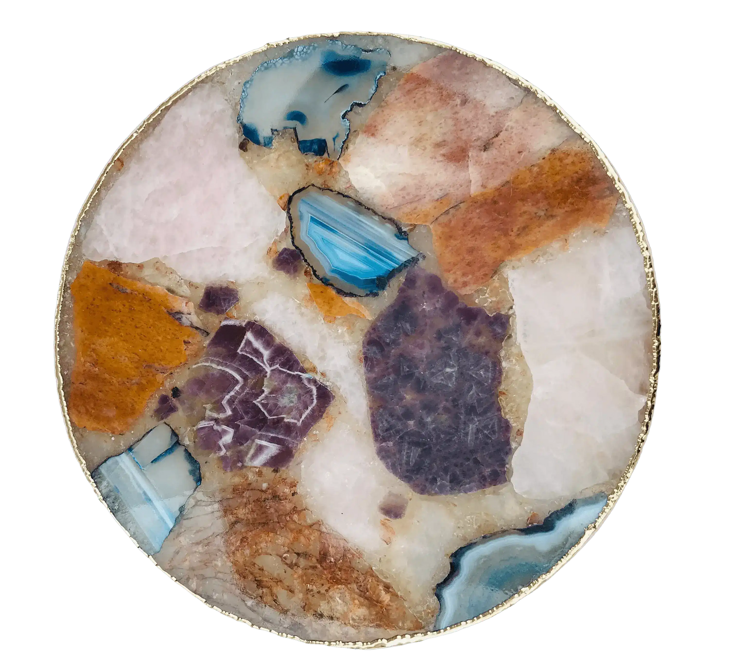 Large Multicolored Round Agate Platter Tray Rose Gold